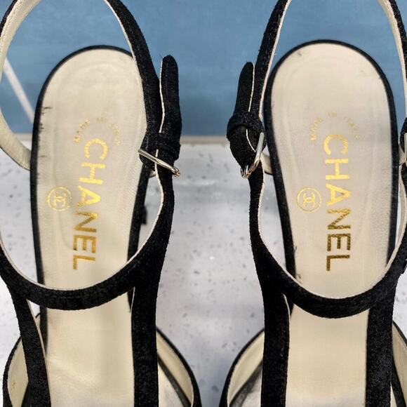 Chanel Interlocking CC Logo T-Strap Sandals 36.5 Black 2013 Lagerfeld With Box - Picture 8 of 16